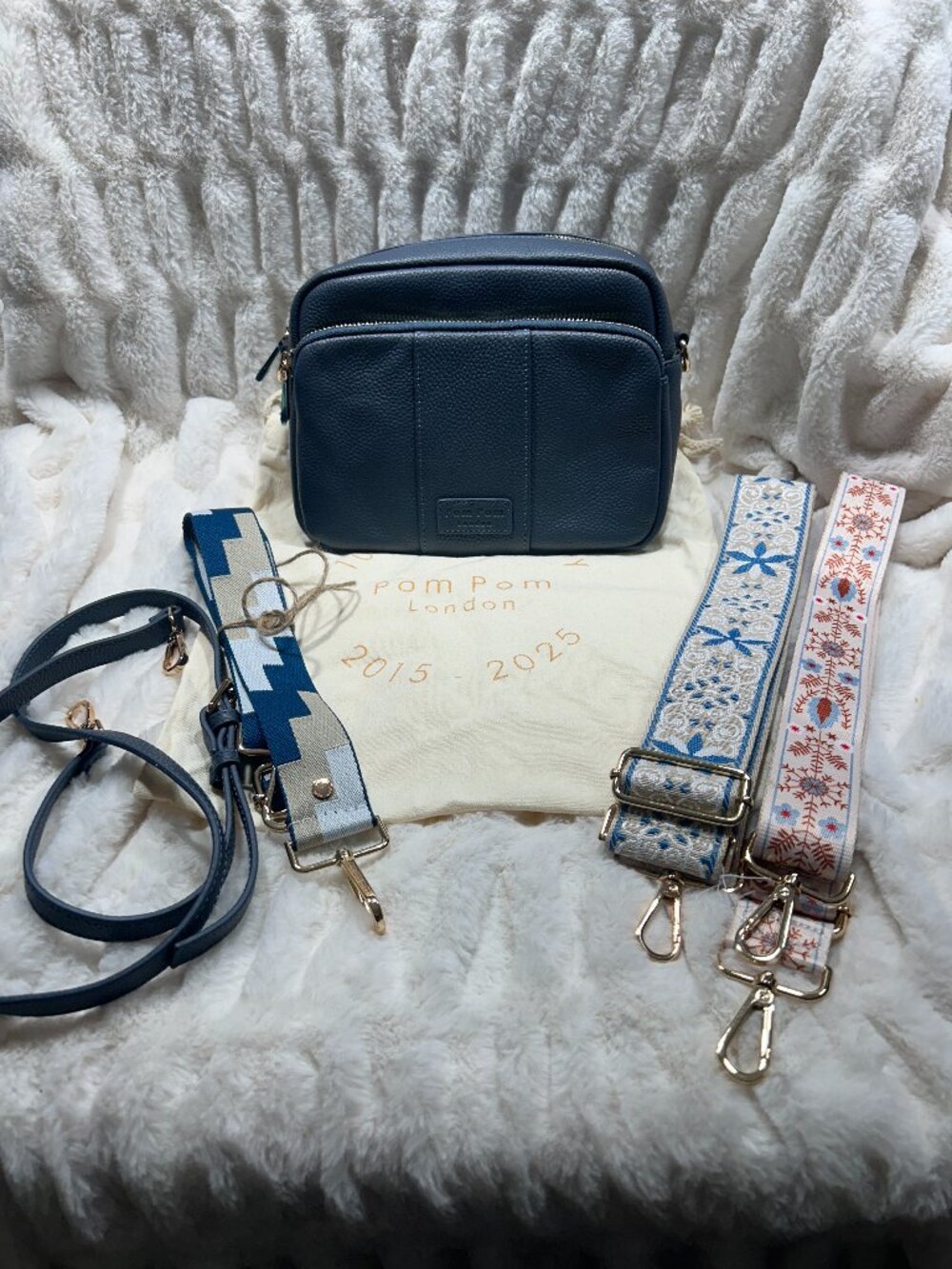 NWOT Pom Pom London Blue Leather Original Crossbody Bag + 4 Straps
